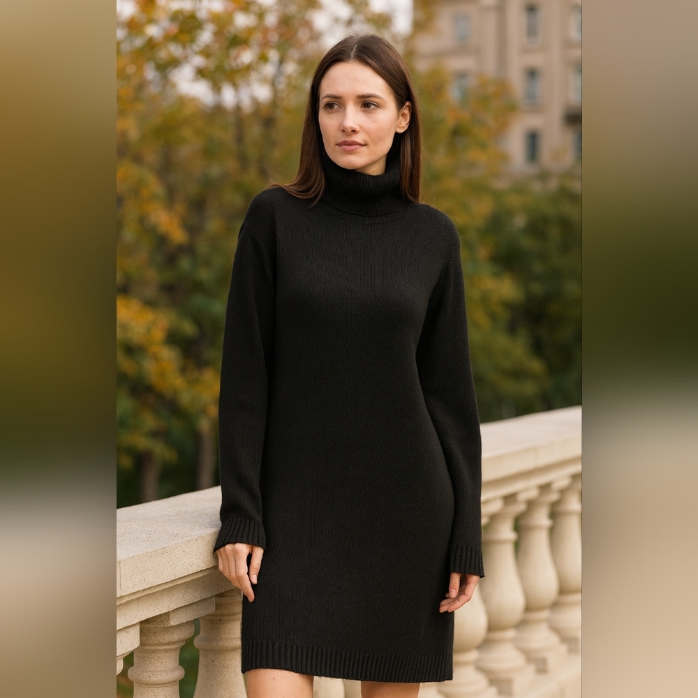 LAUREN RALPH LAUREN Silk Cashmere Black Knit Turtleneck Long Sweater Dress SizeM